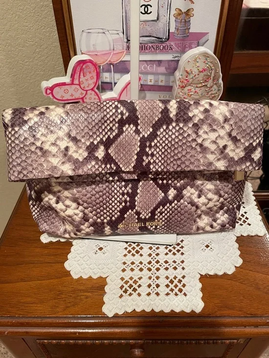 Michael Kors Brown and Tan Snake-Print Foldover Shoulder bag - Picture 1 of 5